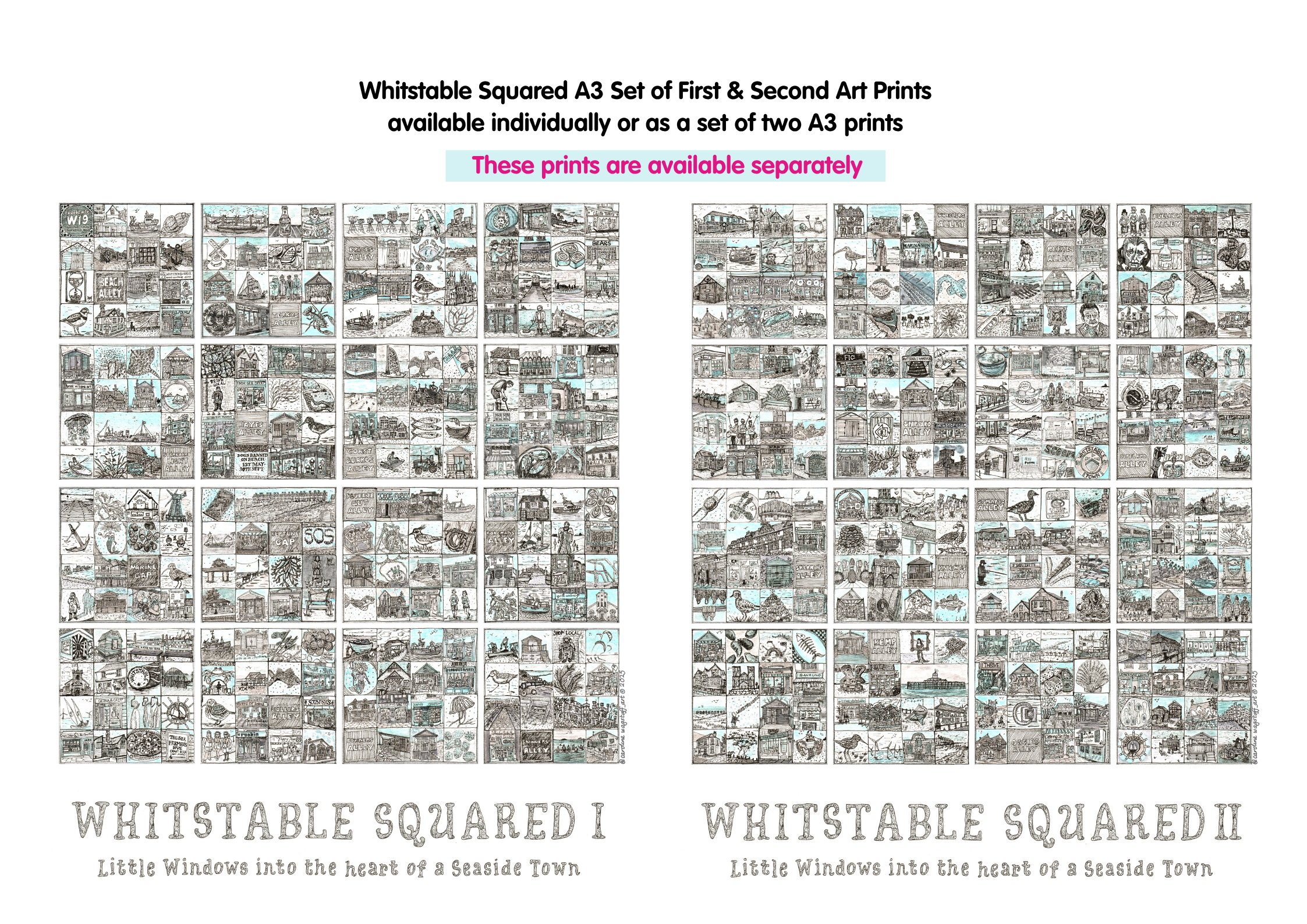 Two A3 prints titled 'Whitstable Squared I' and 'Whitstable Squared II' with a grid layout of black and white illustrations.